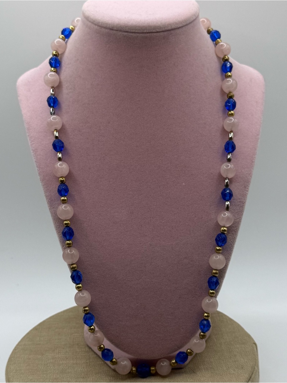 Sterling silver Rose Quartz and Sapphire Blue Beaded glass Necklace